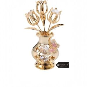 NWT Matashi 24K Gold Plated Crystal Studded‎ Flower Ornament in a Vase